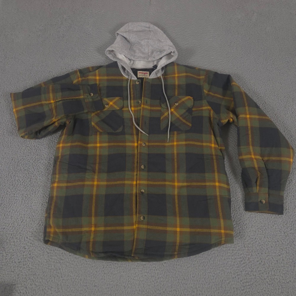 Wrangler Authentics Jacket Mens XL Plaid Quilted Lined Flannel Hooded Shacket